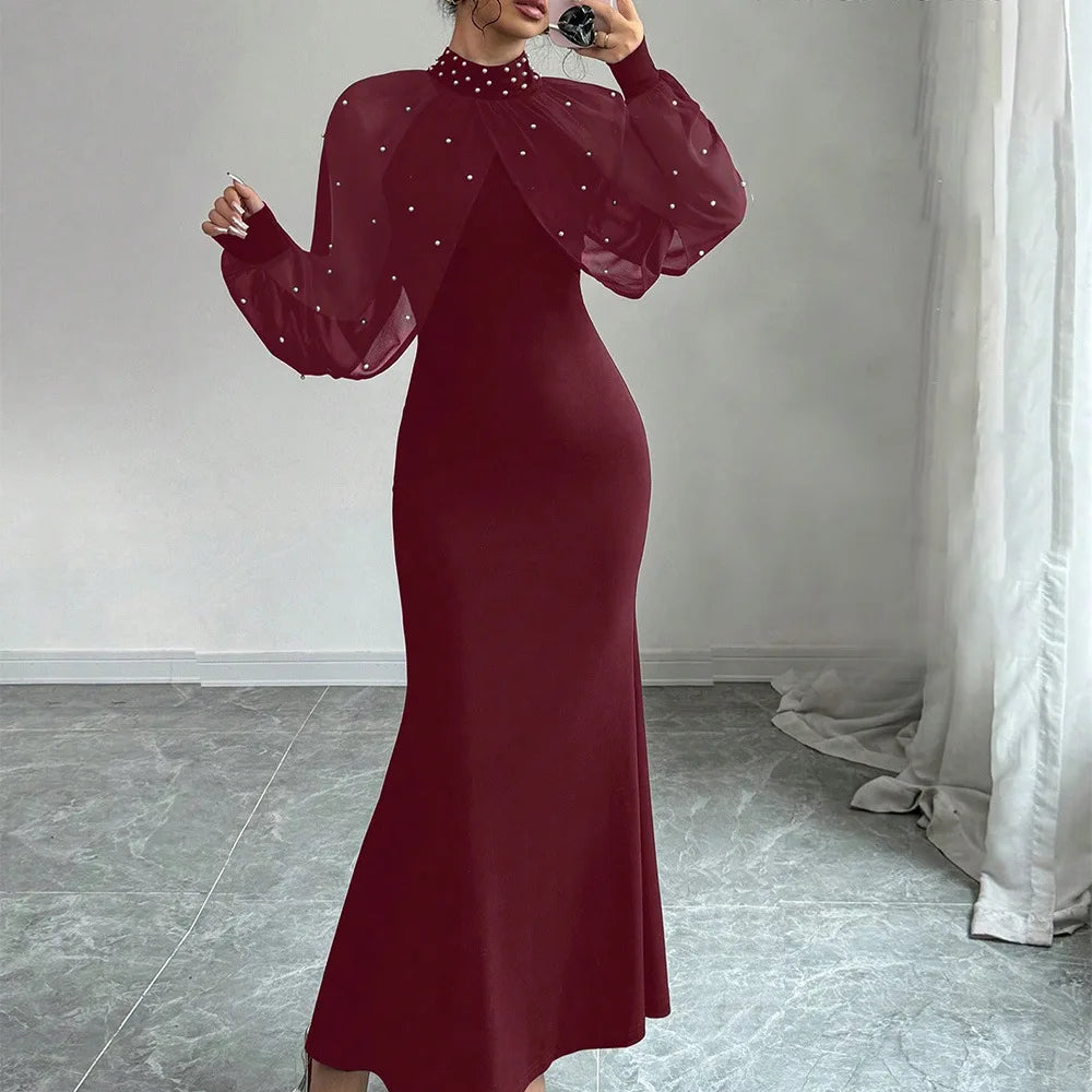 Women Dresses 2026 Spring Autumn New Solid Color Beading Decor Lace Splicing High Neck Long Sleeve Slim Hip Wrapping Long Dress - JN Fashion Fusion