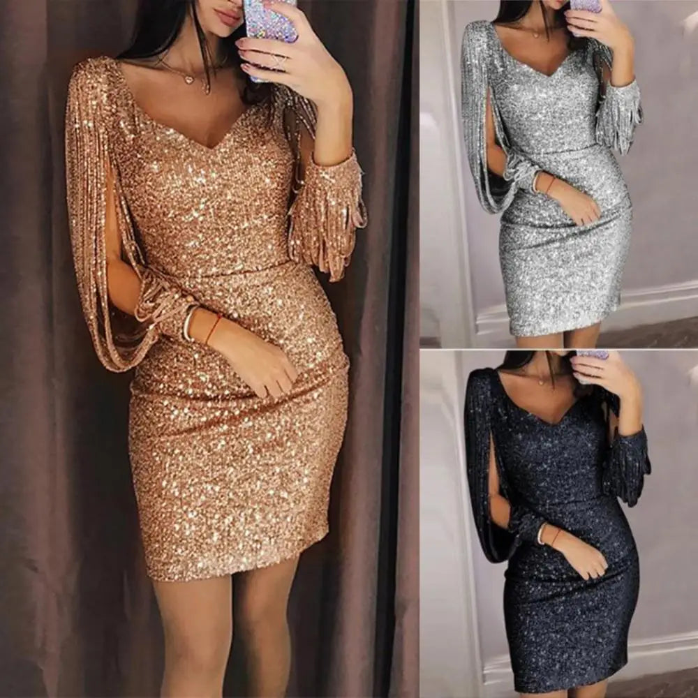 2024 New Silver Sequin Skinny Dress Women Sexy Tassel Sleeves V Neck Club Mini Dress Elegant Ladies Bodycon Pencil Party Vestido - JN Fashion Fusion