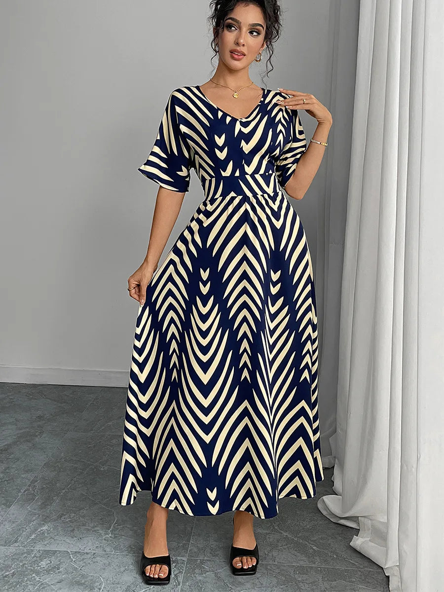 Women's Dresses Fashion Printed V-neck Short Sleeve Waist Wide Dress Summer New Stripe Belt Comfortable Elegant Party Dresses - JN Fashion Fusion