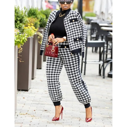 Elegant women's 2-piece coat set with geometric print, long sleeve V coat and matching long pants from JN Fashion Fusion.