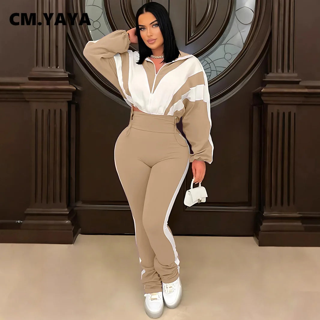 Active Patchwork women's zip-up sweatshirt jacket and long pants tracksuit by JN Fashion Fusion, fall 2026 two-piece outfit.
