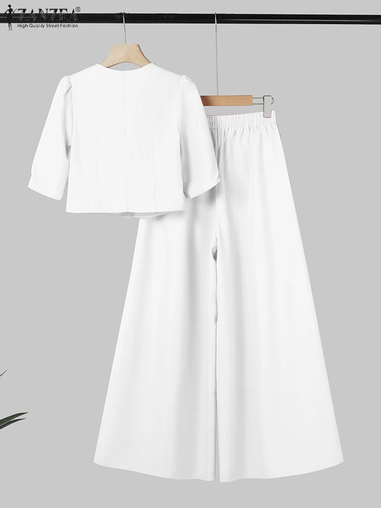 2026 ZANZA Fashion Summer Pant Sets 2PCS Women Outfits Matching Sets Elegant Short Sleeve Blouse OL Work Wide Leg Trousers Suit - JN Fashion Fusion