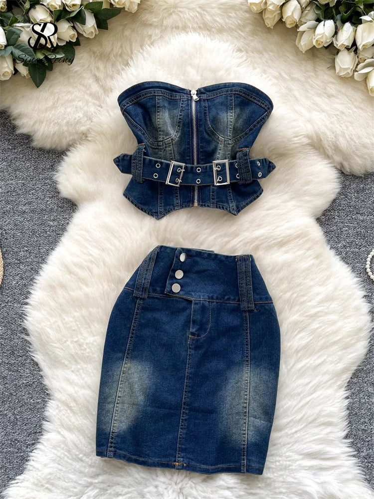 SINGREINY Sexy Vintage Denim Sets Strapless Zipper Backless Belt Mini Top+High Waist Bodycon Skirt Women Summer Fashion Suits - JN Fashion Fusion