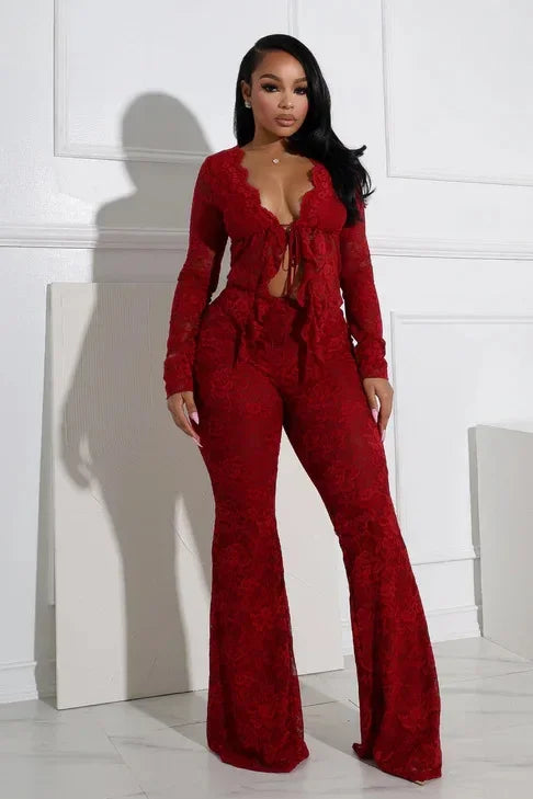 2025 Women's Set Long Sleeve Lace See Through Shirt + Long Pants Street Evening Sexy Two 2Piece Sets Outfits Tracksuit - JN Fashion Fusion