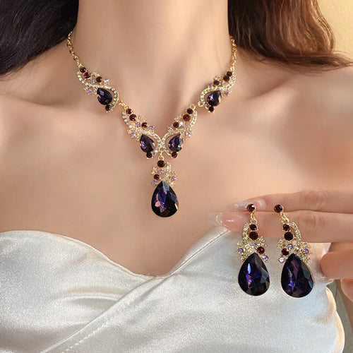 2 Pcs Inlaid Rhinestone Water Drop Necklace Earring Jewelry Sets for Women 2025 Hot Sale Personalized Wedding Bride Accessories - JN Fashion Fusion