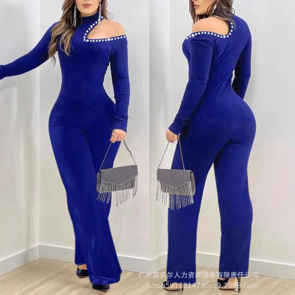 Women New Rhinestone Cold Shoulder High Neck Jumpsuit Long Sleeve Slim Fit Flared Jumpsuit - JN Fashion Fusion