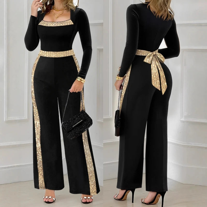 Elegant Women‘s Jumpsuit Sequin Bowknot Decor Contrast Sequin Paneled Square Neck Rompers Casual Wide Leg One Piece Pants 2025