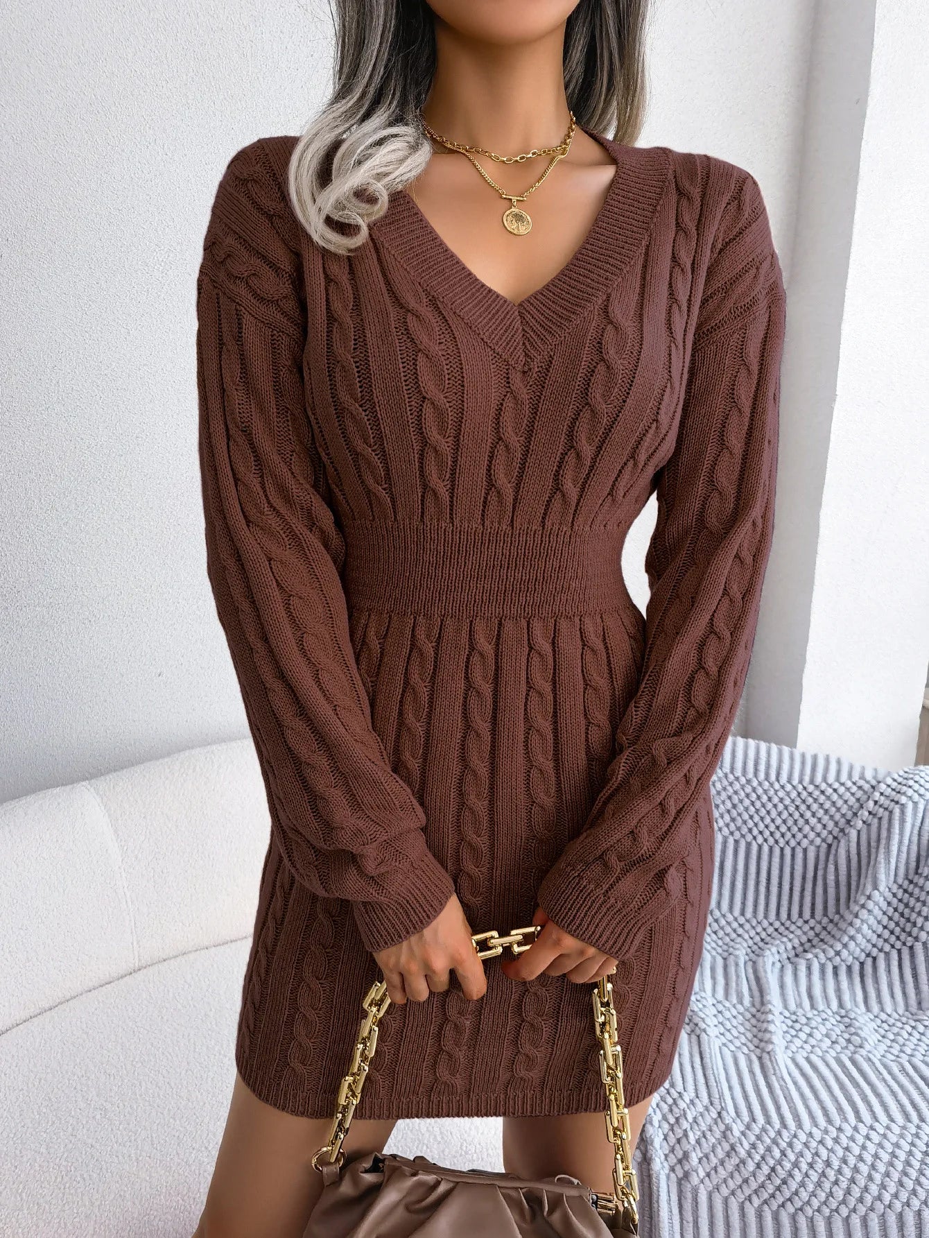 VigoCasey 2025 V Neck Casual Short Knit Dress Autumn Winter Women Solid Long Sleeve Dress Lady Khaki Bodycon Knitted Dresses - JN Fashion Fusion