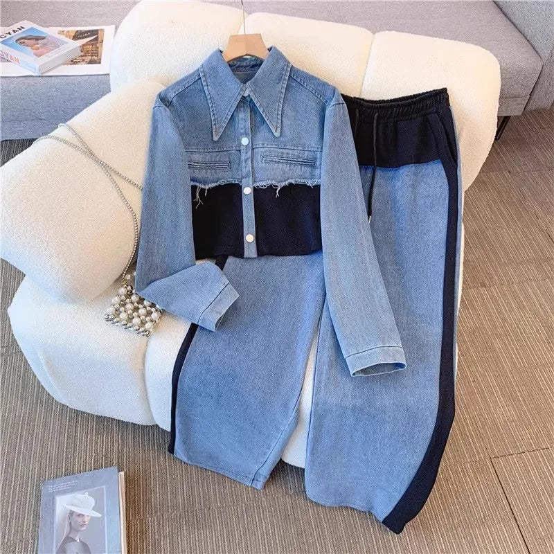 Two Piece Sets Women Pant Set Denim Splice Matching Sets Spring Top Wide Leg Long Pants Casual Loose Lace Up High Waist Jogger - JN Fashion Fusion
