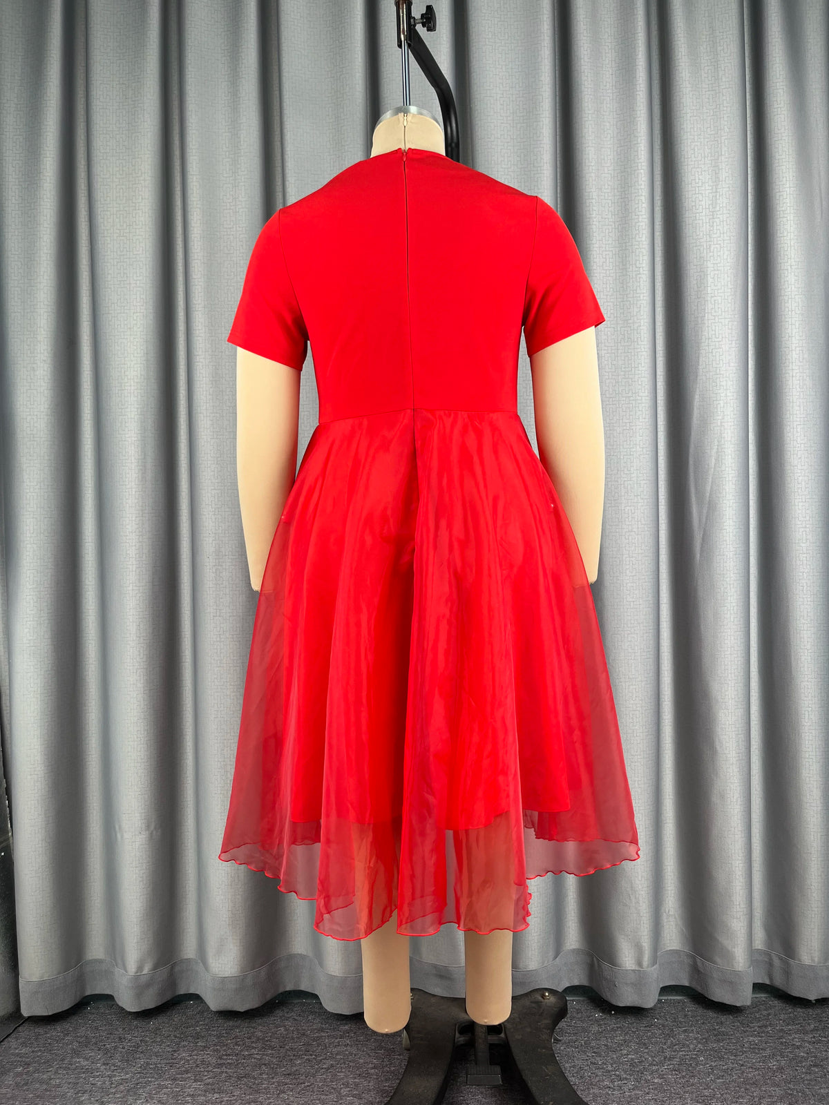Red women's A-line festival dress by JN Fashion Fusion featuring V-neck, short sleeves, beading, peplum, and mesh hem for parties and ceremonies.