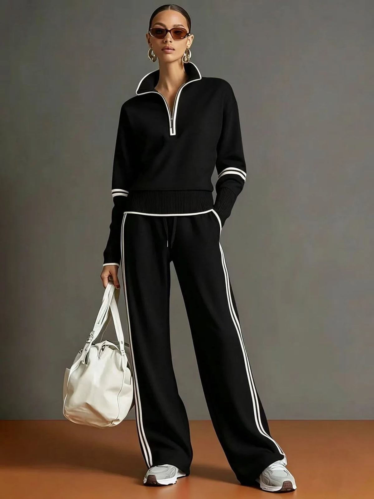 JN Fashion Fusion women's casual striped hoodie and wide-leg pants set with color blocking, perfect for autumn winter comfort.