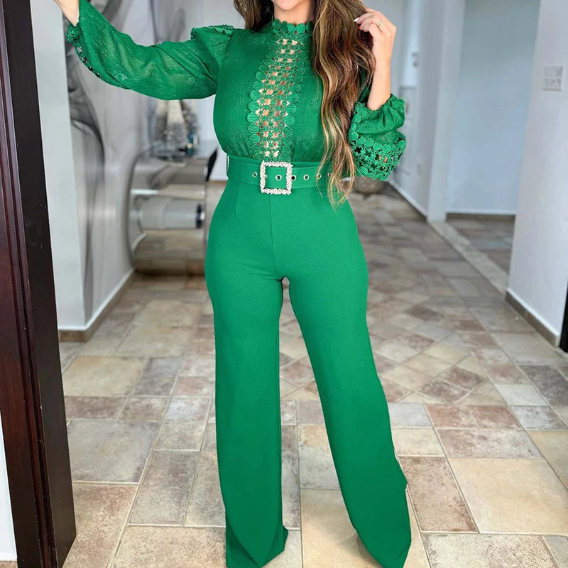 Women Casual O-neck Long Sleeve Party Romper Elegant Lace-Up Belt Waist Solid Playsuits Fashion Patchwork Hollow Long Jumpsuit