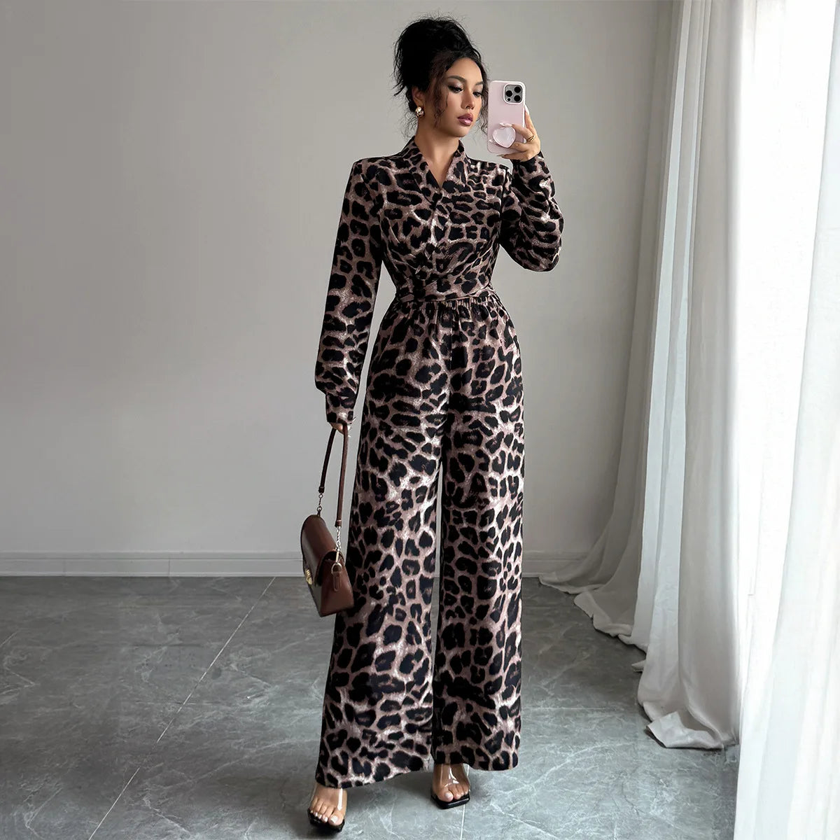 Women Loose Jumpsuit Autumn Leopard O Neck Straight Pant Elastic Waist Streetwear Office Lady Rompers One Piece Sets 2025 Romper - JN Fashion Fusion