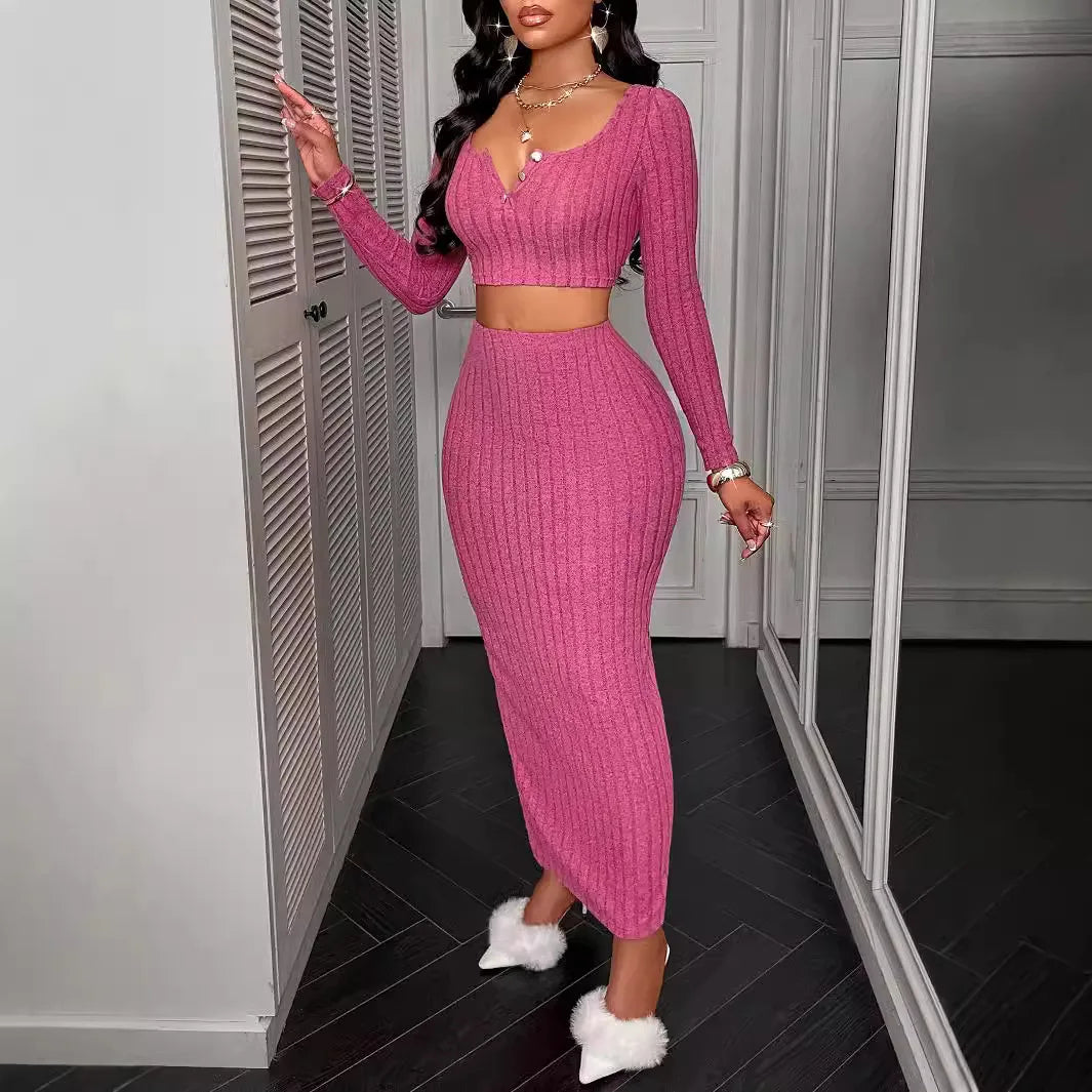 Two Piece Sets Women Skirt Set Full Sleeve Dress Sets Sexy U Neck Bodycon Short Tops Long Skirts Elegant Splice High Waist - JN Fashion Fusion