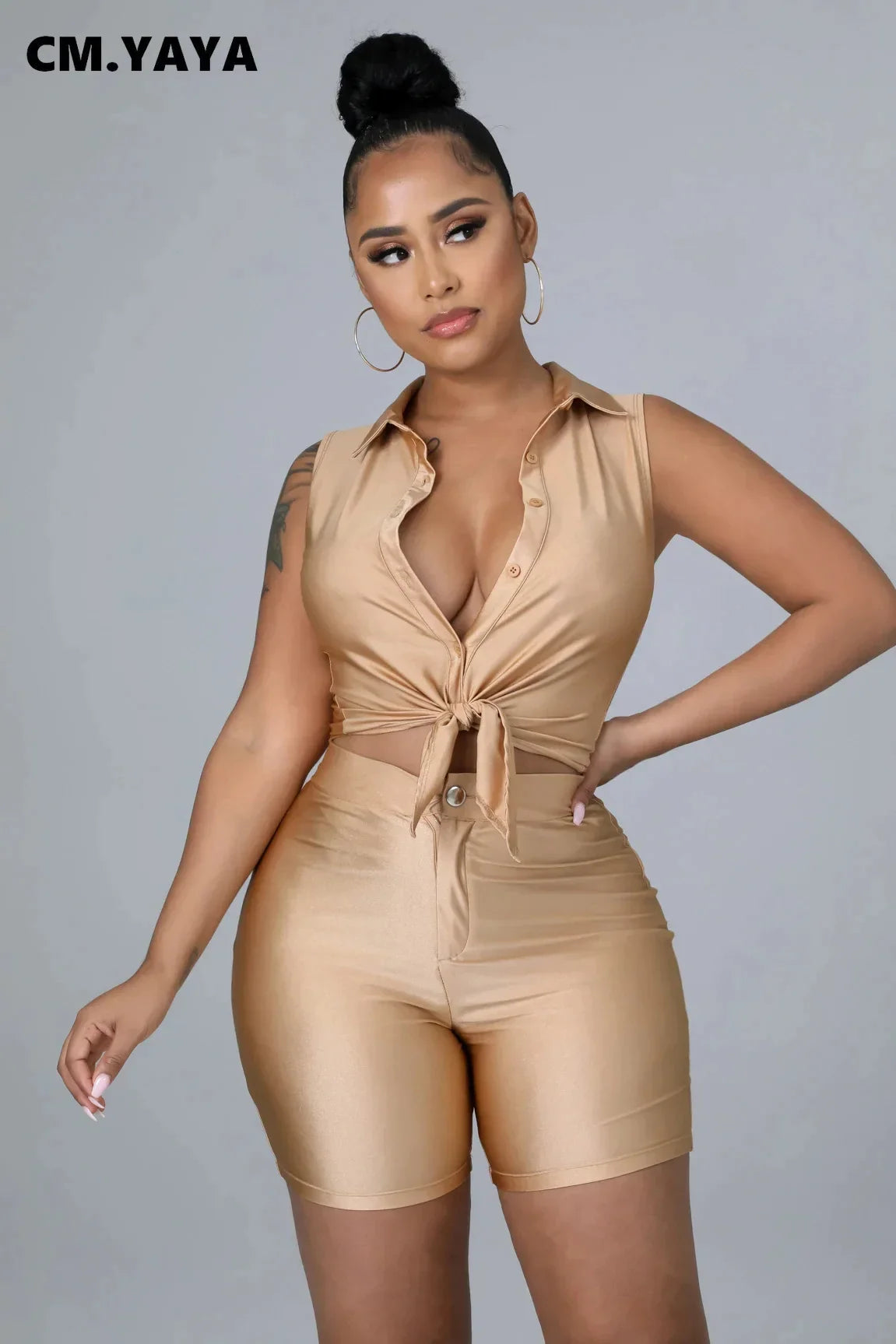CM.YAYA Elegant Active Women's Set Sleeveless Shirt Top and Shorts Suit Tracksuit Two 2 Piece Set Fitness Outfits 2022 Summer - JN Fashion Fusion