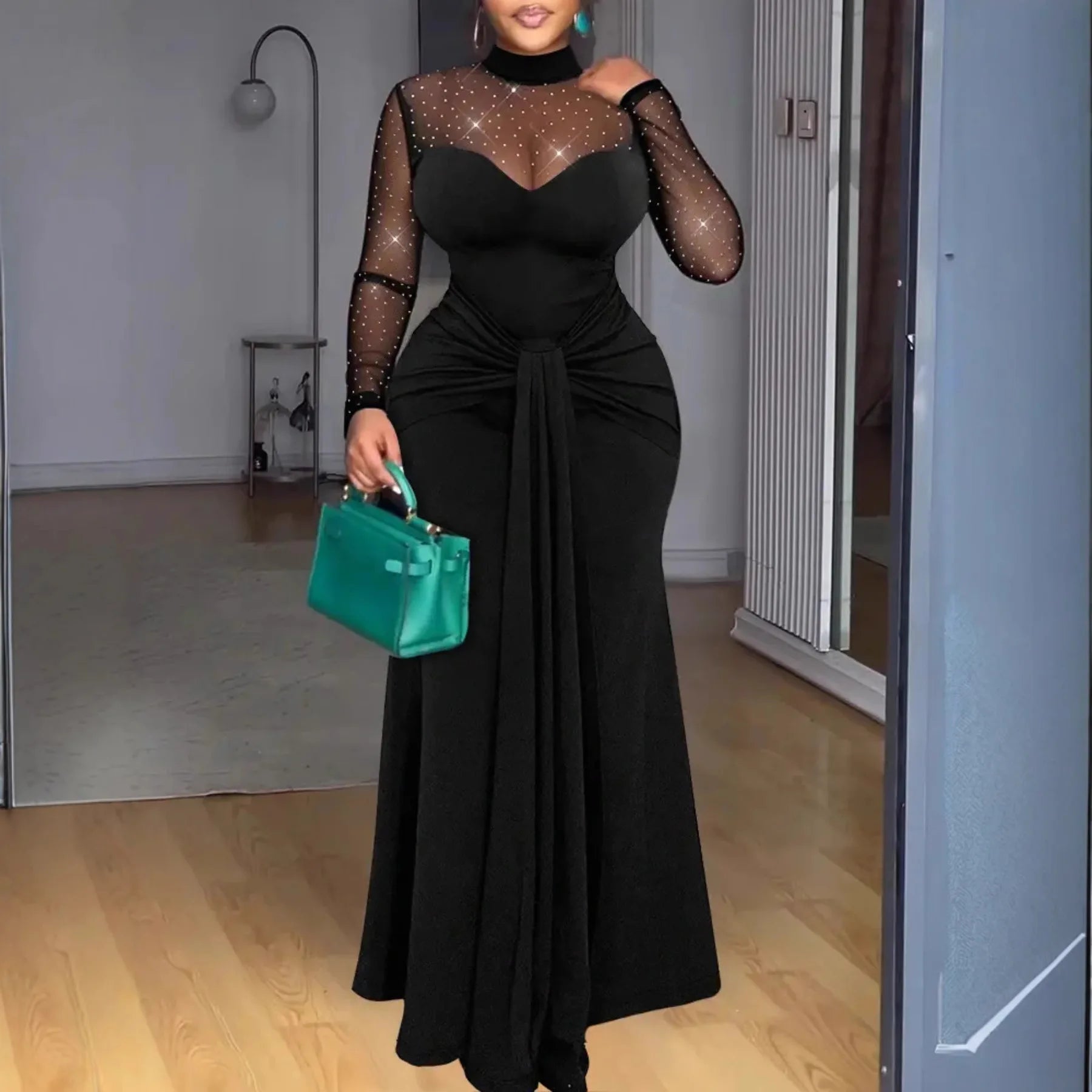 Women's Dress New Spring Autumn Long Sleeve Simple Solid Color Slim Fit Party Dress Sexy Mesh Patchwork Hollow Evening Dress - JN Fashion Fusion