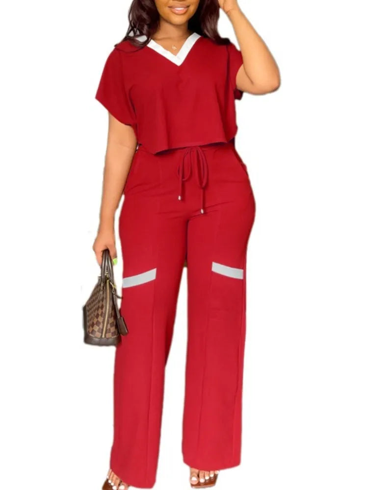 Elegant Women's Casual Short Sleeve T-shirt Sports Suit Summer Fashion Solid V Neck Short Top & Straight Pants Two Piece Sets - JN Fashion Fusion