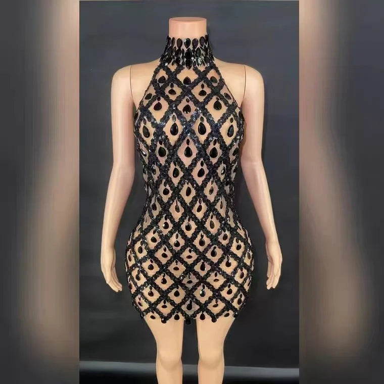 Short Dress Singer Show Performance Stage Wear Shiny Evening Celebrate Birthday Dress Sparkly Black Sequins Rhinestones - JN Fashion Fusion