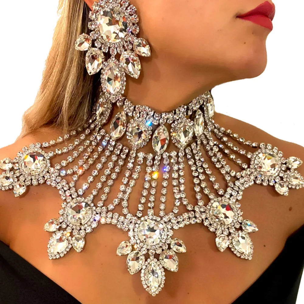 Exaggerated Rhinestone Crystal Necklace Set Water Drop for Women Dubai Multi Layer Tassel Bridal Jewelry Set Necklace Earrings - JN Fashion Fusion