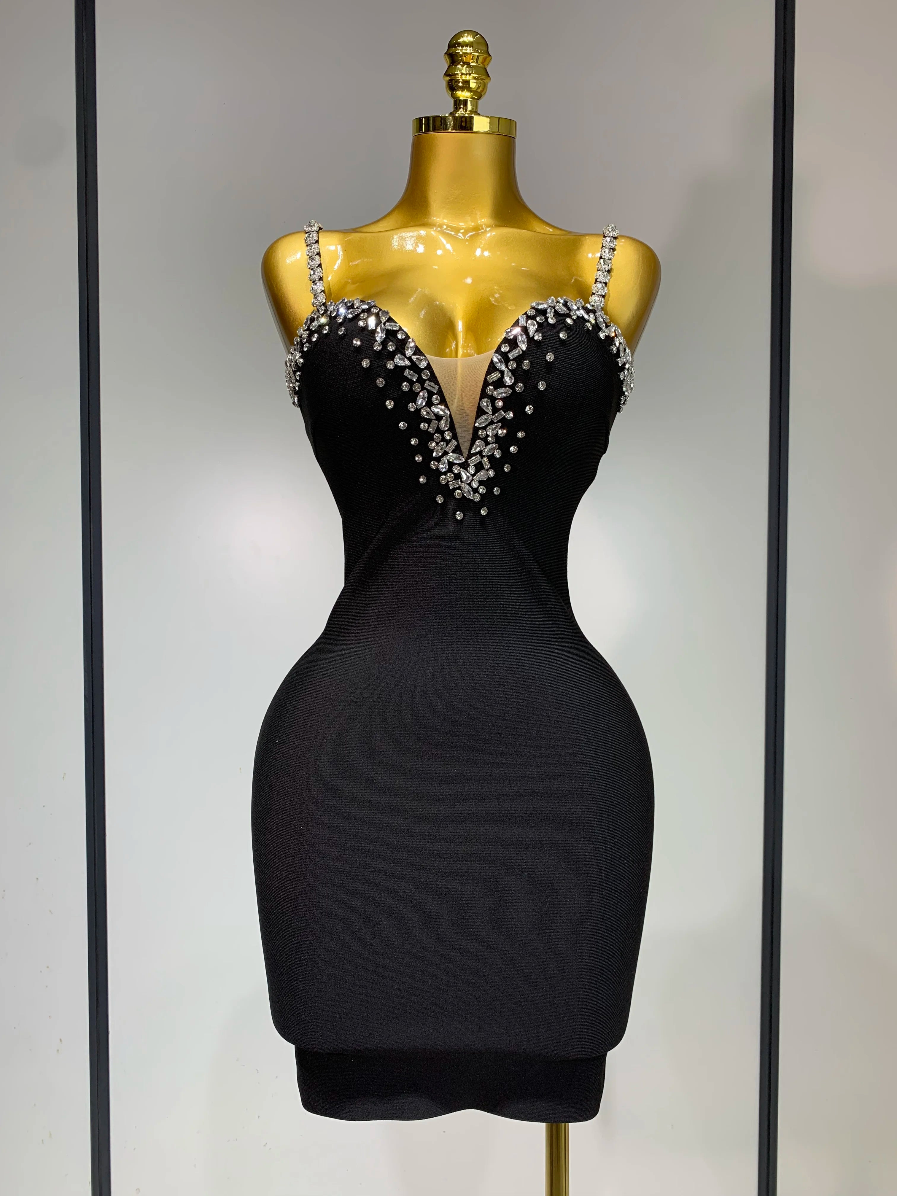 Women Sexy Sling V-neck Black Mini Bodycon Bandage Dress Luxury 2025 Celebrity Evening Club Celebrity Elegant Party Gowns - JN Fashion Fusion