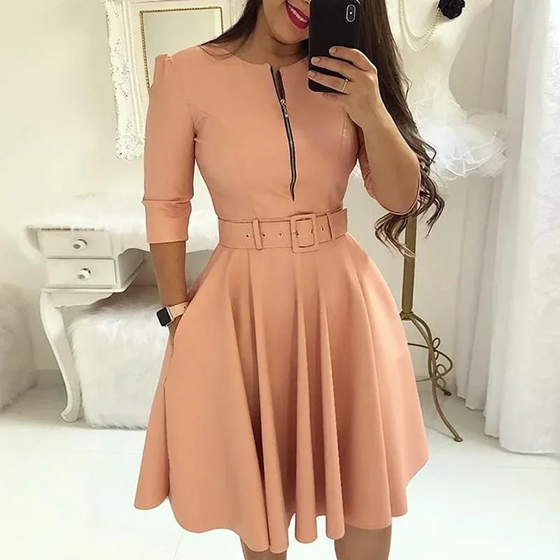 Fashion Women Patchwork A-line Dresses Autumn/Winter Round Neck Printed Belt Party Dress Elegant Office Lady Zipper Dress - JN Fashion Fusion
