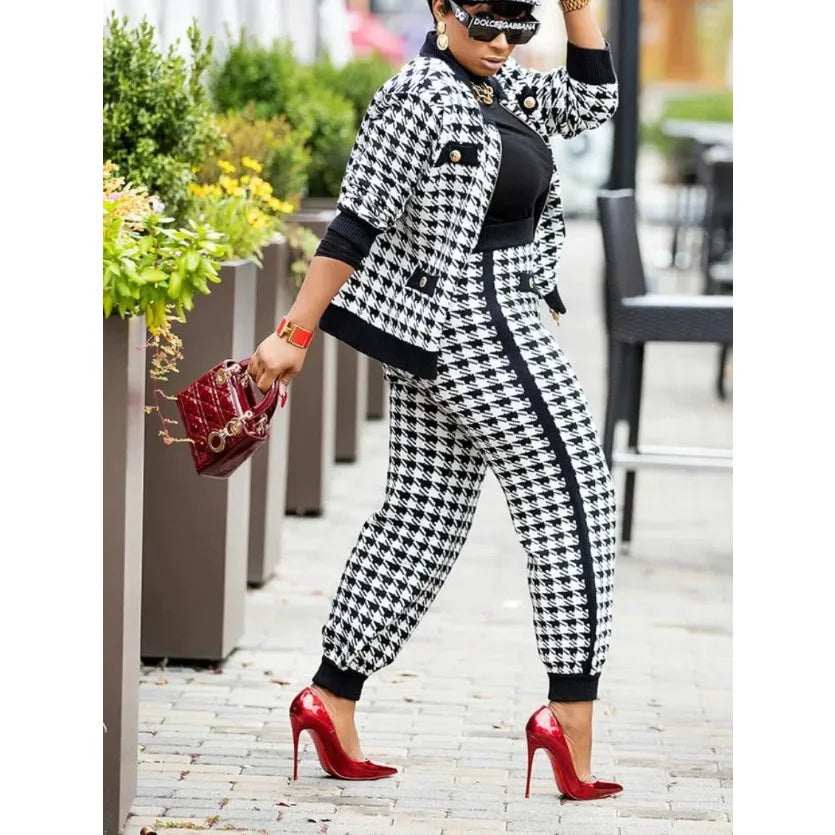 Women's casual 2-piece coat set by JN Fashion Fusion featuring geometric print, long sleeve V coat and matching long pants.