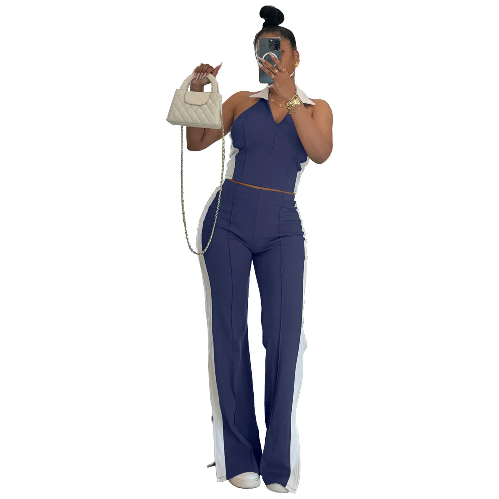 CM.YAYA Sporty Patchwork Women's Set Sleeveless Polo-tank Tops and Slit Flare Pants 2025 Active Two 2 Piece Set Outfit Tracksuit - JN Fashion Fusion