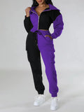 Women Loose Autumn Winter Two Pieces Suit Matching Sets Hoodie Tracksuit Blocked Zipper Short Outerwear Drawstring Cargo Pants - JN Fashion Fusion