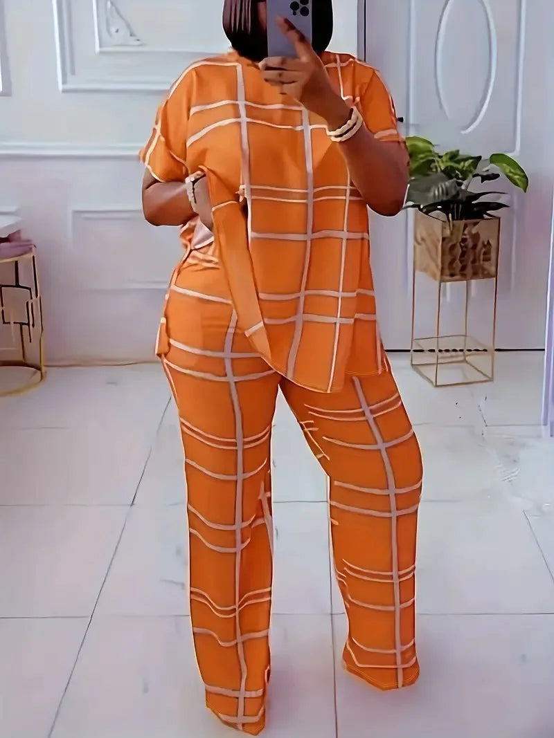 Short Sleeve 2 Piece Women Sets 2026 Spring Summer Matching Sets Stripe Print Two Pieces Sets Top Pants Suits Outfits Clothing