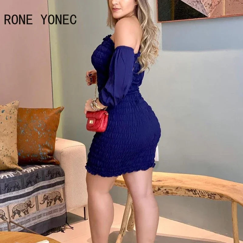 Women Casual Solid Off  Shoulder waistband Lantern sleeves  Folds All over Print Mini Dress - JN Fashion Fusion