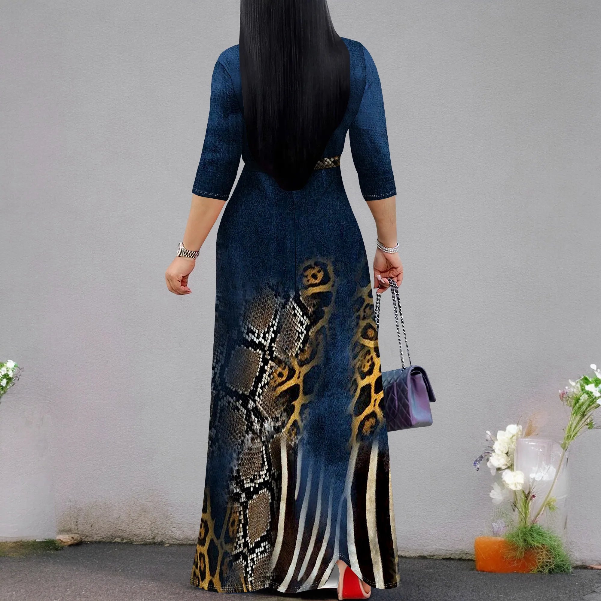 Women's 3/4 Sleeve V Neck Women With Pocket and Bel Long Dress Fashion Printed Split Hem Club Party Casual Vacation Maxi Dress - JN Fashion Fusion