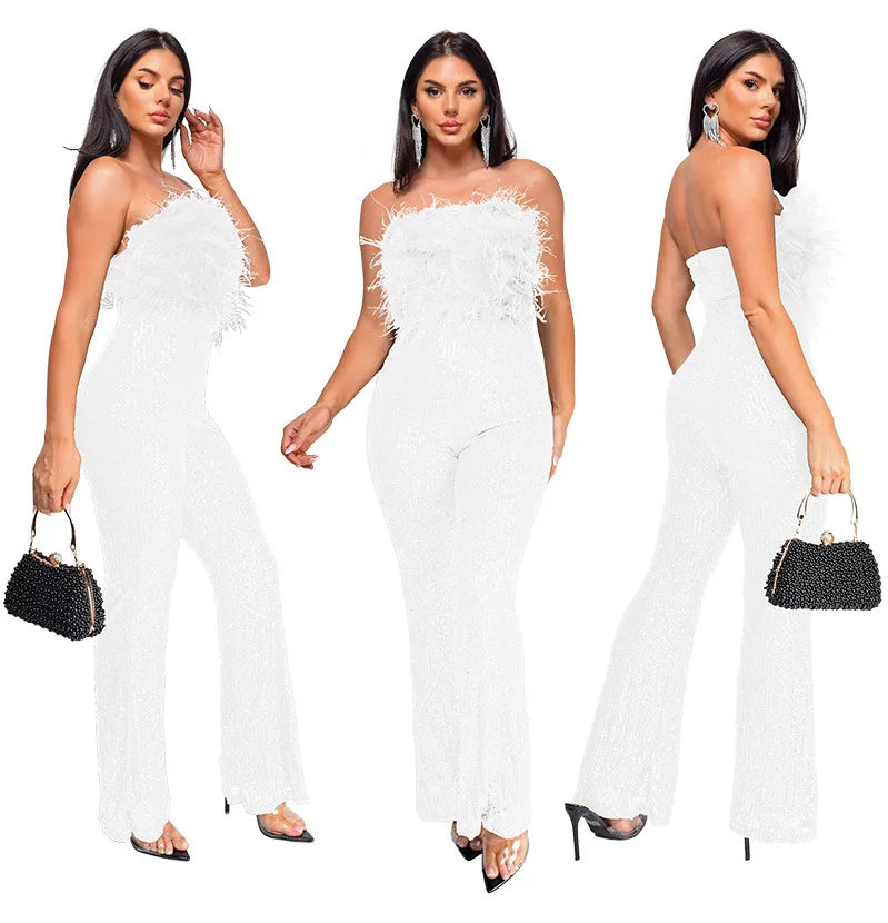 Sliver Bling Bling Sequined Club Jumpsuit Women Strapless Elegant Sparky Gold Sequins Party Romper Overalls