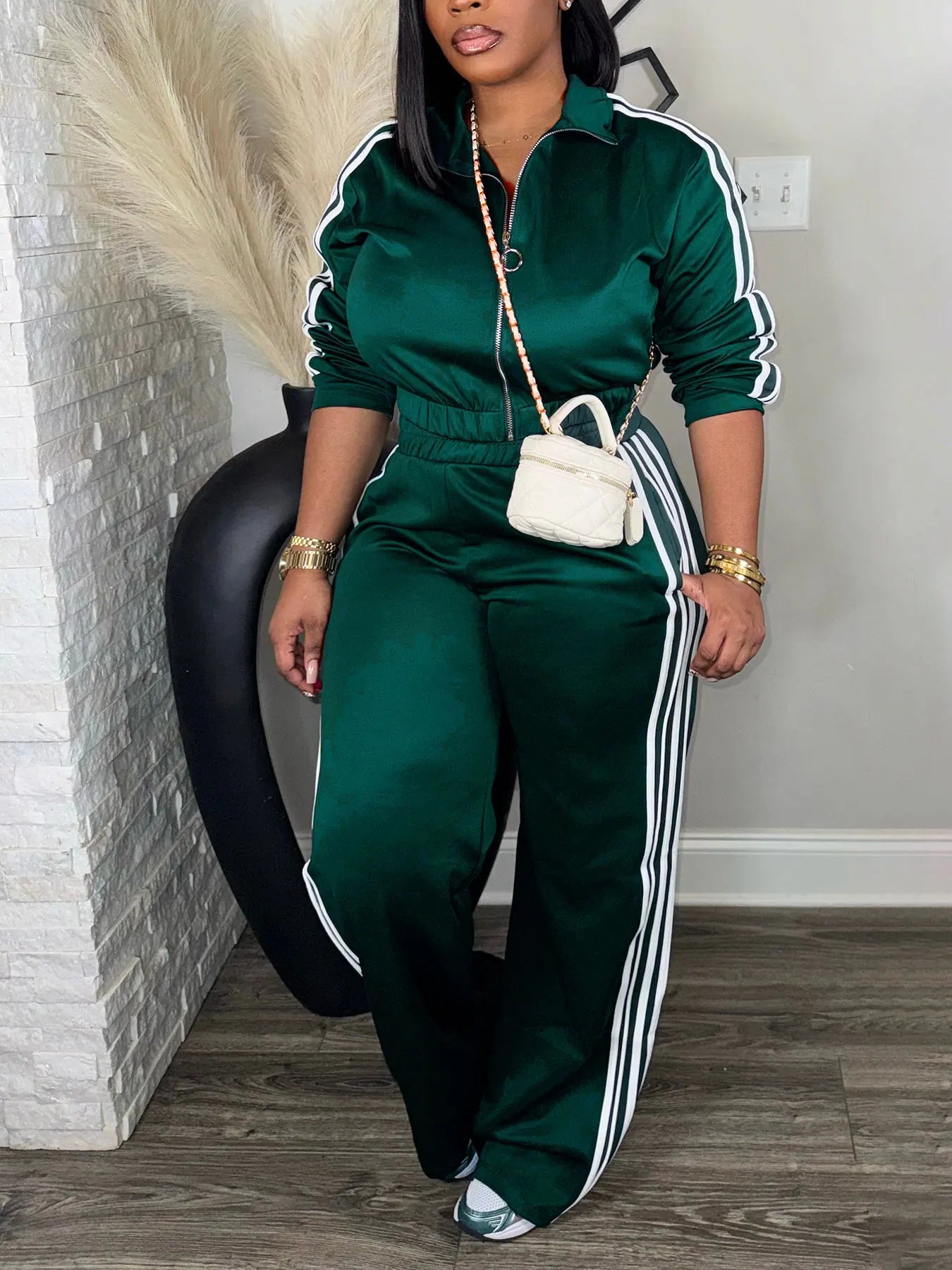 Women’s 2 Piece Tracksuit Set Zip-Up Top + High Waist Pants Side Stripe Casual Outfit - JN Fashion Fusion