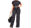 Two Piece Sets Women Outifit 2023 Summer Fashion Geometric Print Boat Neck Short Sleeve Crop Top & Casual Pocket Daily Pants Set - JN Fashion Fusion