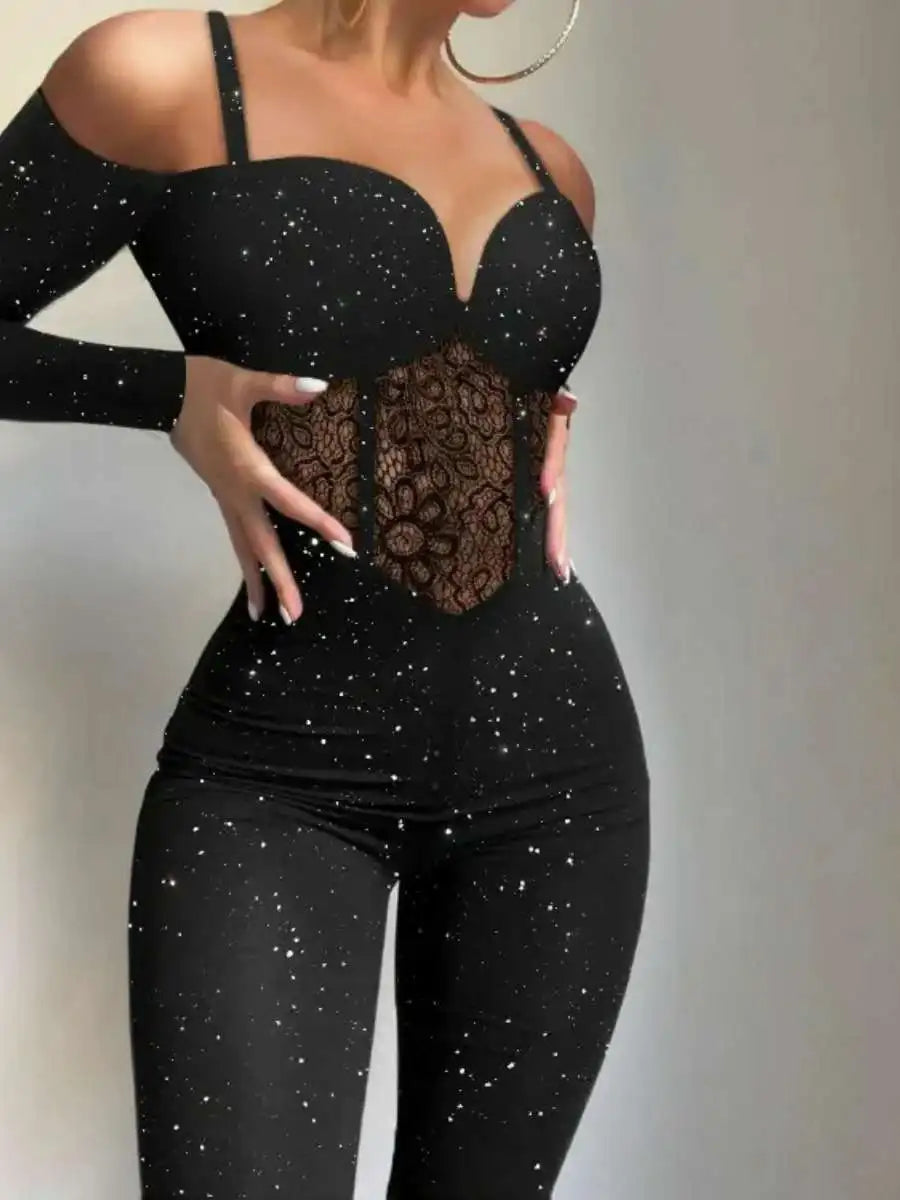 Fashionable Lace Hollow out One-Piece Pants Glittering Knitted Fabric Strap One-Piece Pants mid Waist Nine Points Pants