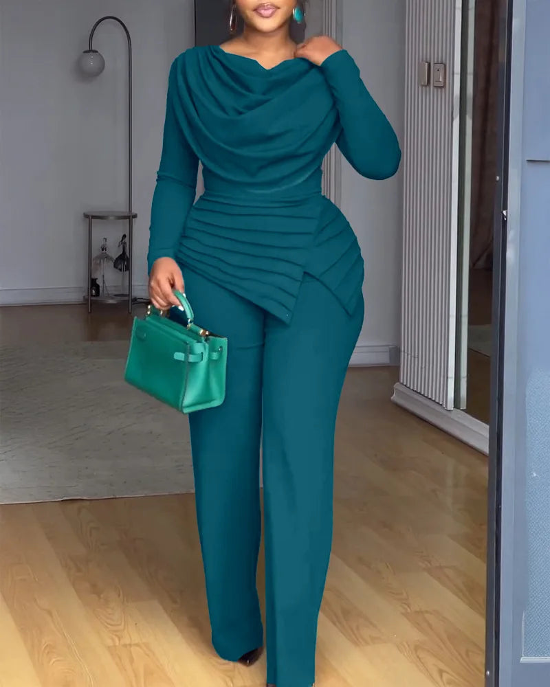 Swing Collar Ruched Jumpsuit Long Sleeve Solid Elegant Office Ladies Asymmetric Hem Autumn Casual Vintage Ruched Slim Rompers - JN Fashion Fusion