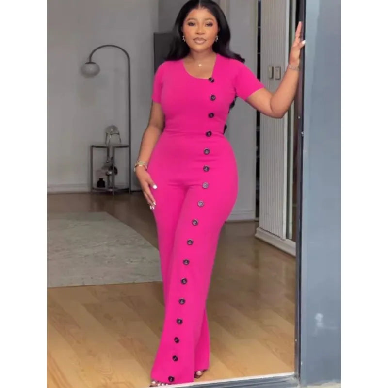 Women's Elegant Long Jumpsuits Summer Short Sleeve Buttons Solid Color Wide Leg Pants Rompers Female One Pieces Party Overalls