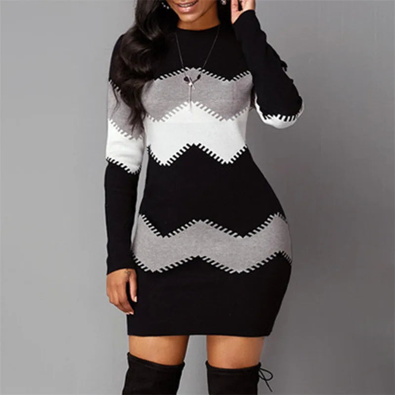 Women Elegant Patchwork Long Sleeve Warm Dress 2022 Autumn Winter Rib Knit Sweater Dress Casual Turtleneck Pullover Mini Dresses - JN Fashion Fusion