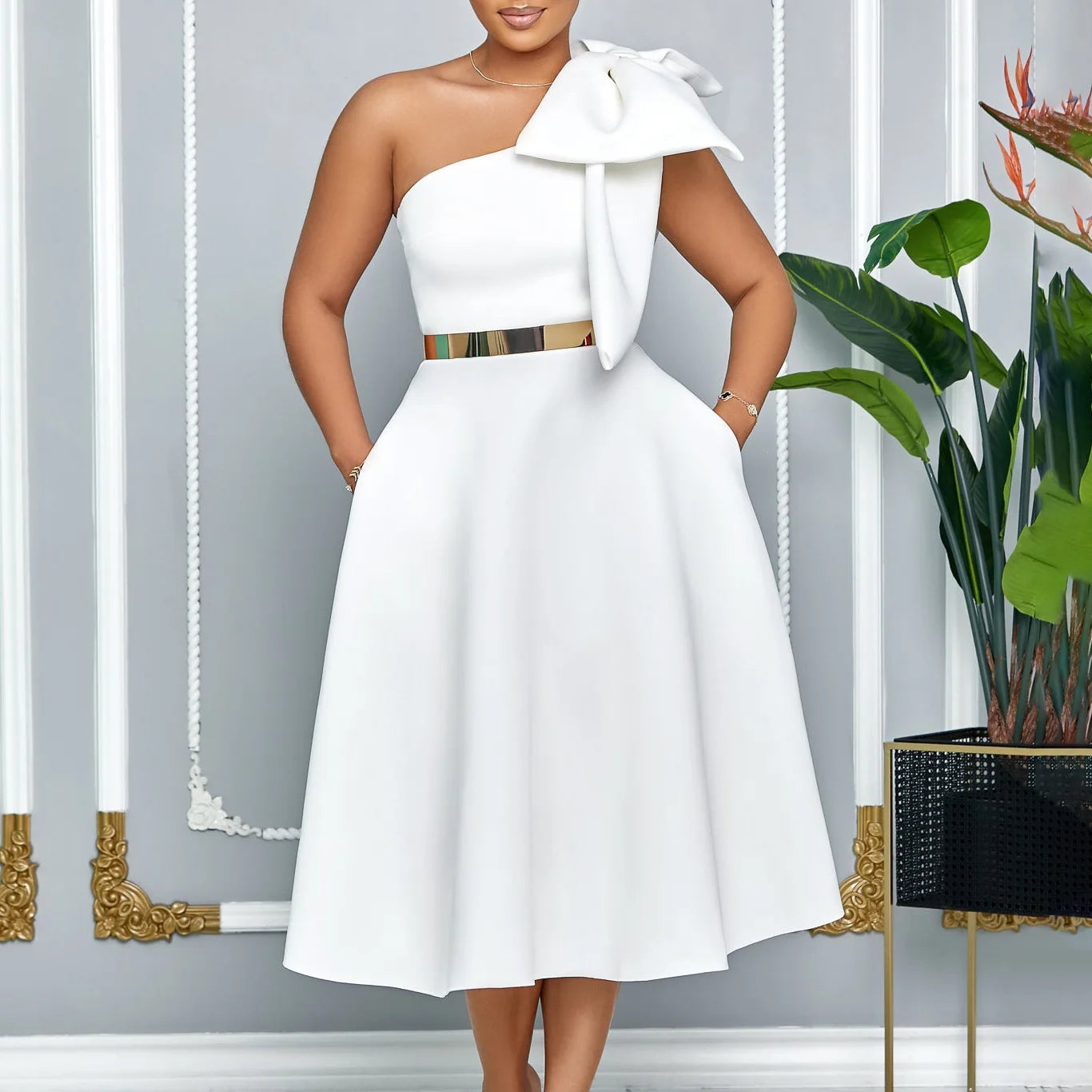 plus Size Women's Fashion Skew Shoulder Bow Banquet Swing Dress New Elegant Gown for Special Occasions