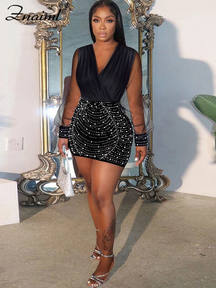 Znaiml Sexy Sheer Mesh Patchwork Rhinestone Bodycon Black Mini Dress Women's Long Sleeve Skinny Birthday Evening Party Dresses - JN Fashion Fusion