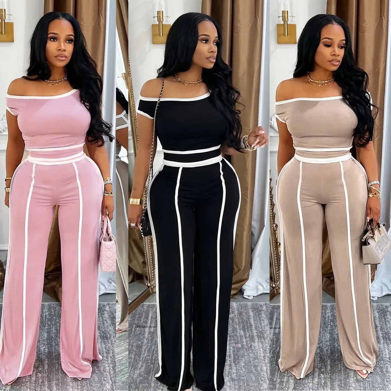Pant Set Women Two Piece Sets Oblique Shoulder Short Sleeve Y2k Tops Wide Leg Long Pants High Tight Waist Elegant Streetwear - JN Fashion Fusion