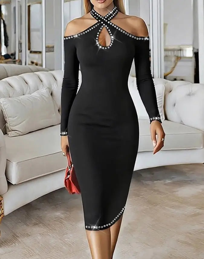 Elegant Long - Sleeve Cold - Shoulder Bodycon Dress, Rhinestone - Embellished Halter Neck Midi Dress for Party & Evening Wear