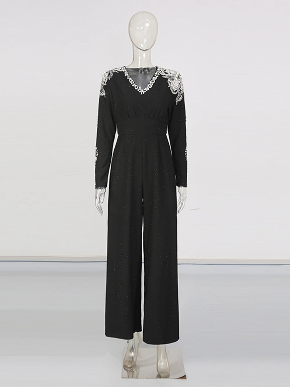 Modphy Elegant Slim Fit Long Sleeved Jumpsuit 2026 New Heavy Industry Bead Diamond High Waist Solid Color Long Jumpsuit