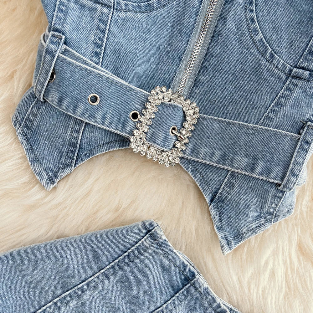 CM.YAYA Women Set Denim Strapless Belt Top +Mini shorts Sets Street Casual Two 2 Piece Set Sexy Party Outfit 2024 Summer - JN Fashion Fusion