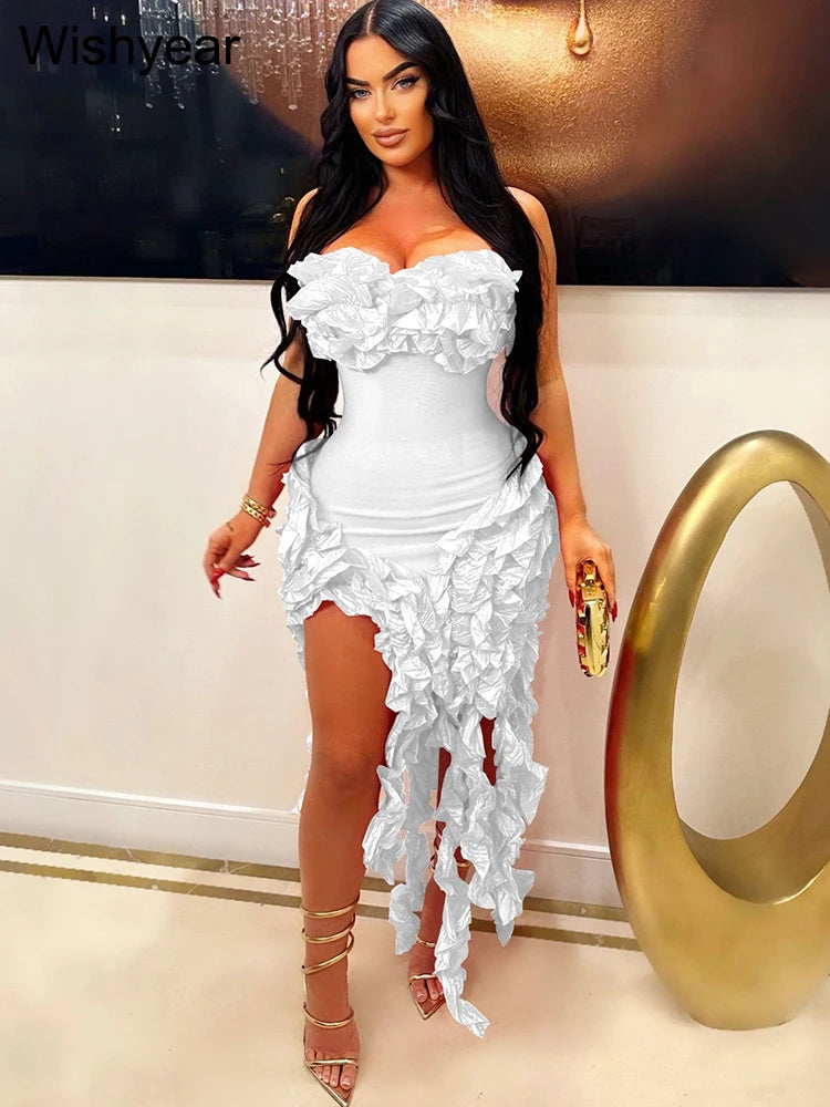 Sexy Girls Flower Irregular Party Long Dress Women Fall Strapless Ruffles Tassel Celebrities Elegant Birthdaay Prom Club Vestido