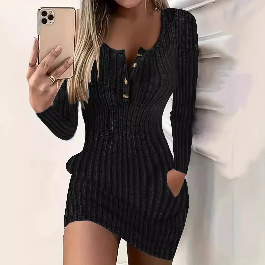 Fashion Long Sleeve Buttons Bodycon Dress Women Autumn Winter Knitted Ribbed Slim Sweater Sexy Mini Dresses For Women Robe Femme - JN Fashion Fusion