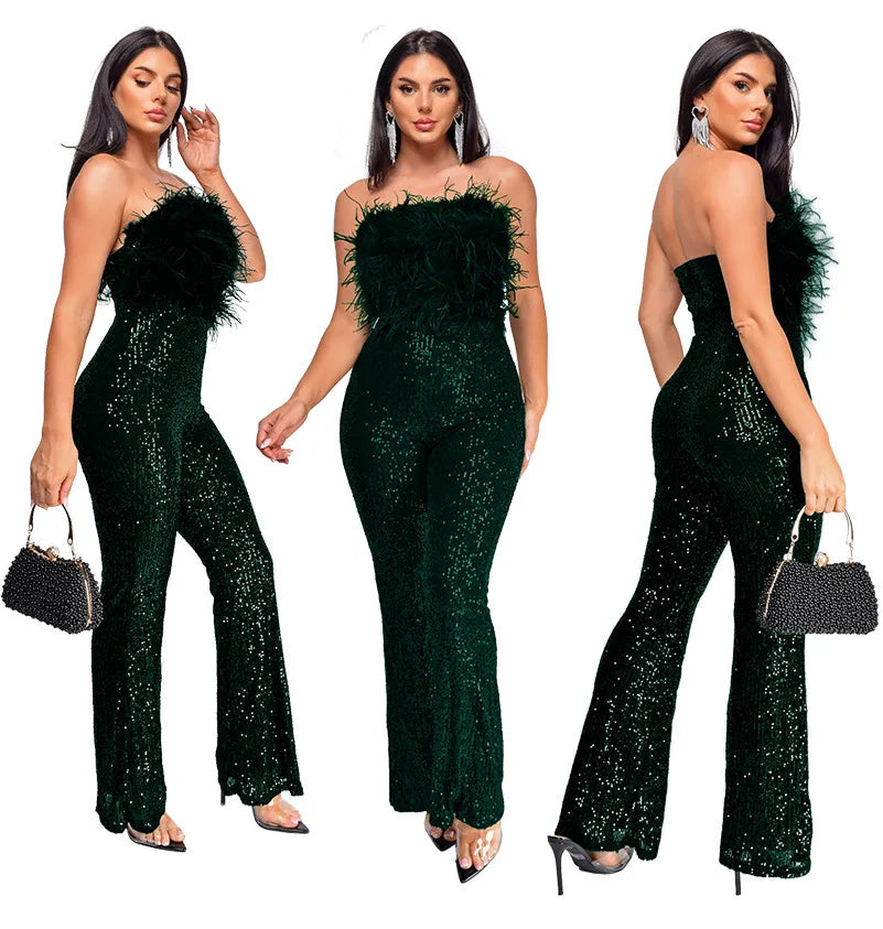Sliver Bling Bling Sequined Club Jumpsuit Women Strapless Elegant Sparky Gold Sequins Party Romper Overalls