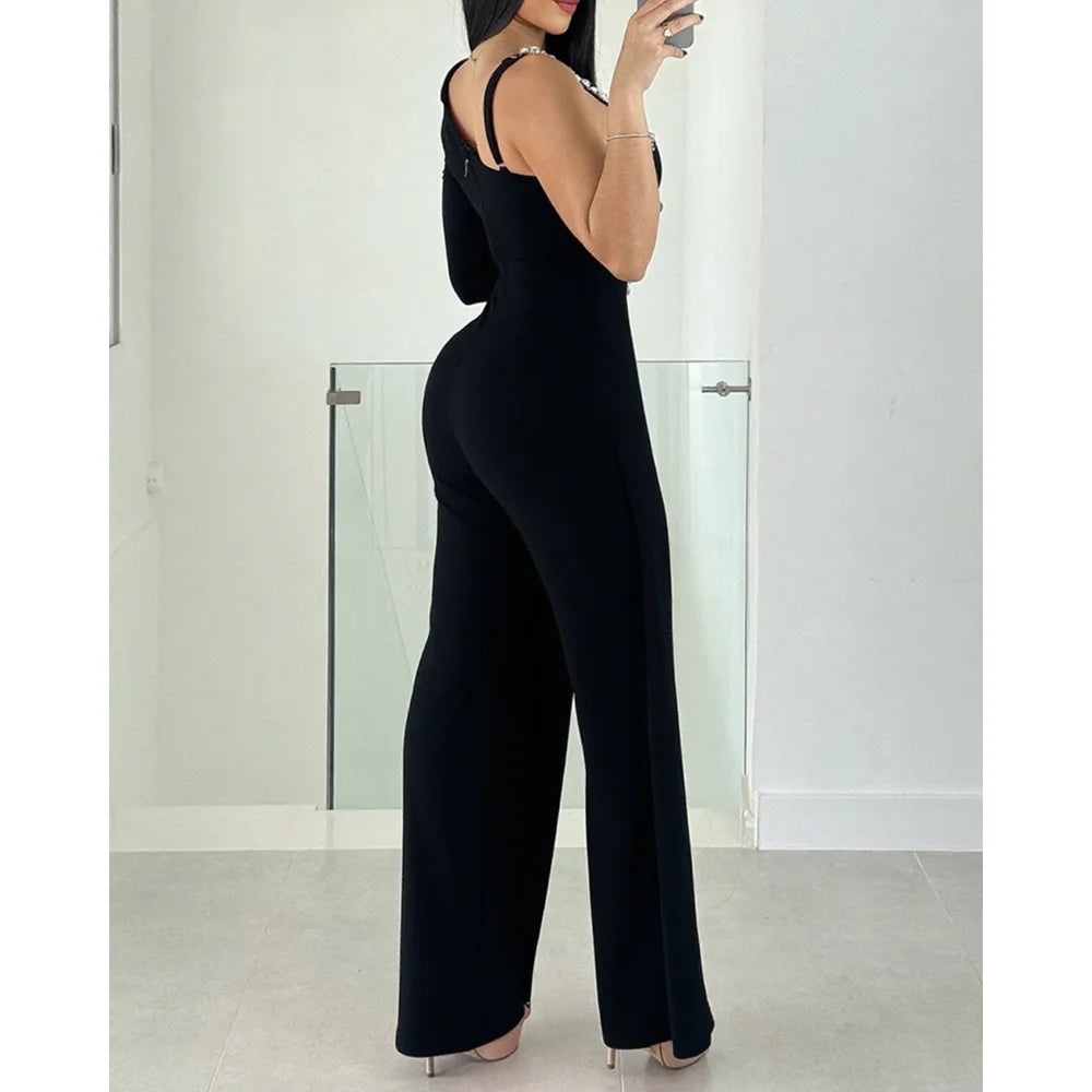 Autumn Casual One-Shoulder Rhinestone Decor Strap Slim Waist Jumpsuit Long Sleeve Wide Leg Black Romper for Women Party Wear