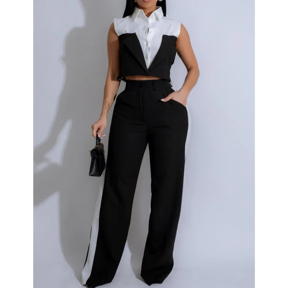 Summer New Fashion Patchwork Shirt Sleeveless Women's Suit Slim Short Tops Casual Sports Long Pants Women 2 Piece Set 2025 - JN Fashion Fusion