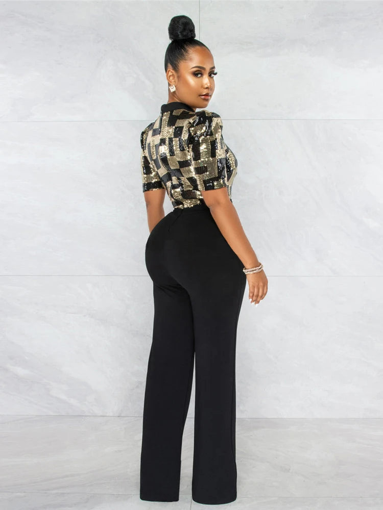 HBLL New Combinaison Femme Sexy Birthday Outfits Women Sequin Patchwork Jumpsuit Luxury High-Waist One Pieces Party Romper